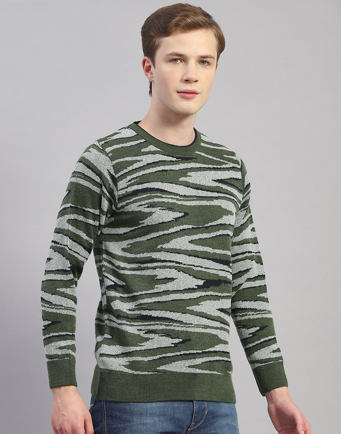 Men Green Printed Round Neck Full Sleeve Pullover