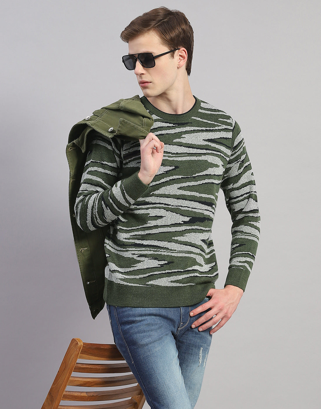 Men Green Printed Round Neck Full Sleeve Pullover
