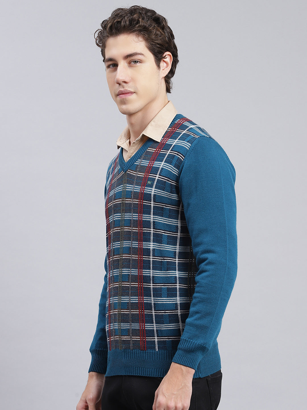 Men Teal Blue Printed Wool blend Pullover
