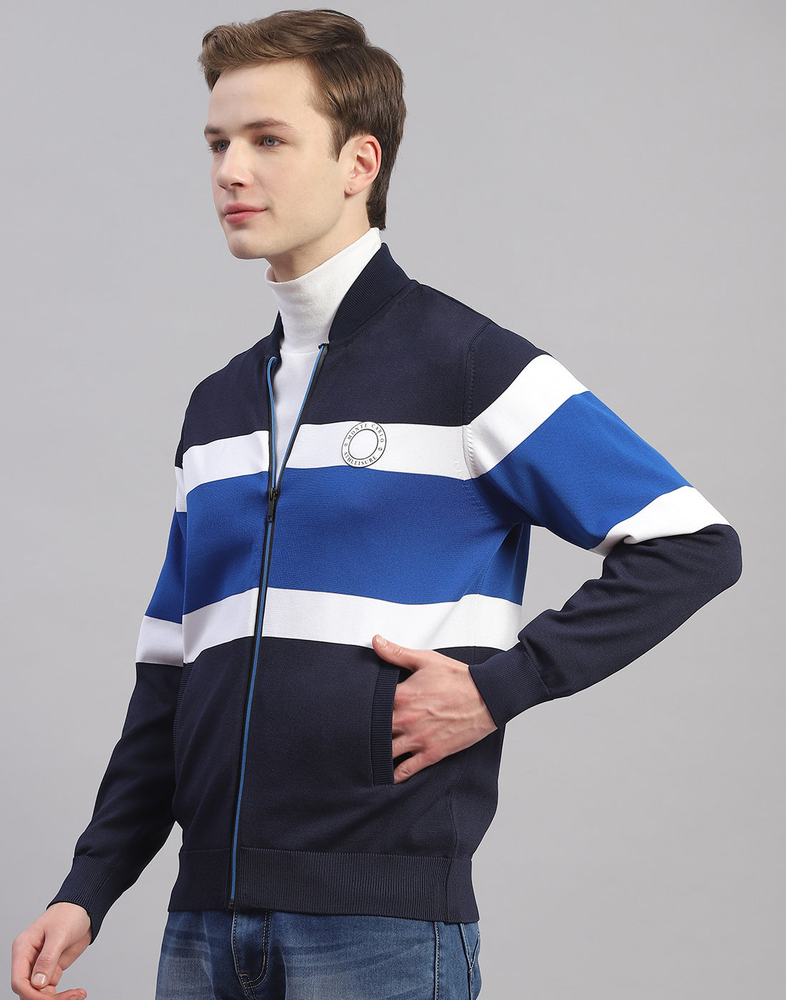 Men Navy Blue Stripe Mandarin Collar Full Sleeve Pullover