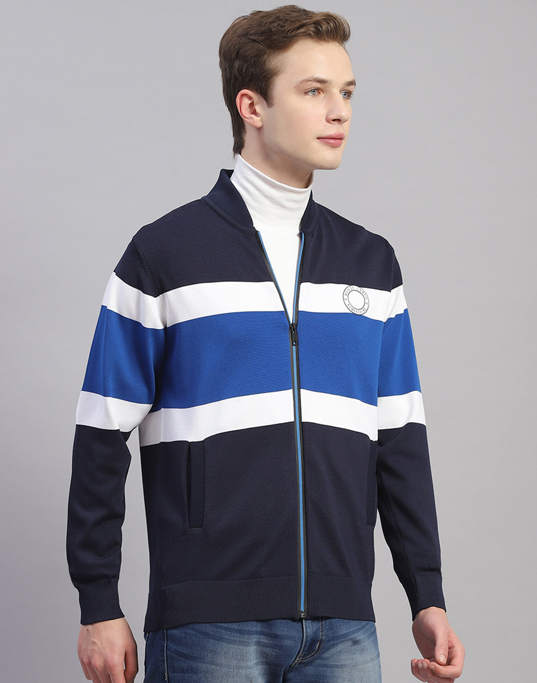 Men Navy Blue Stripe Mandarin Collar Full Sleeve Pullover
