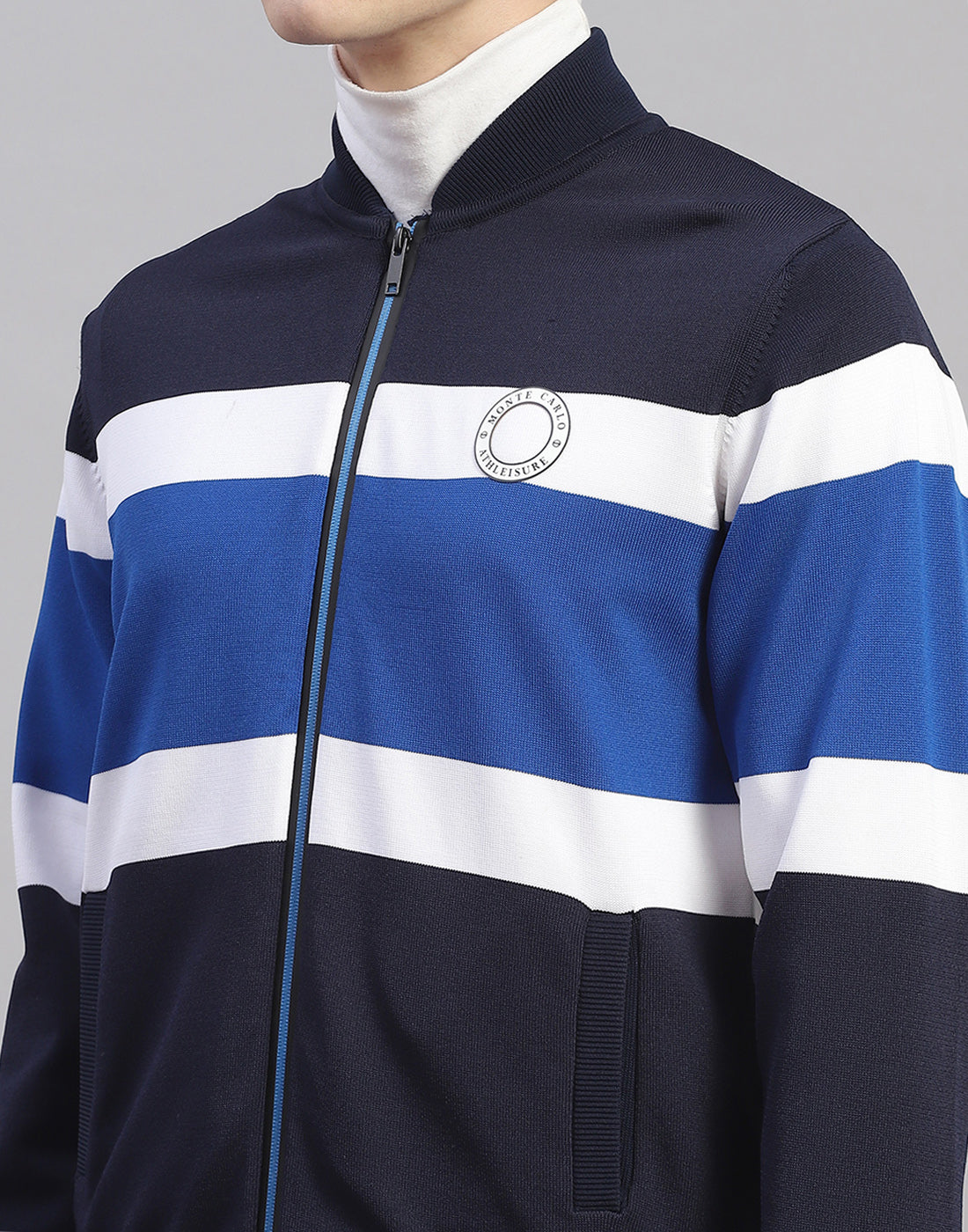 Men Navy Blue Stripe Mandarin Collar Full Sleeve Pullover