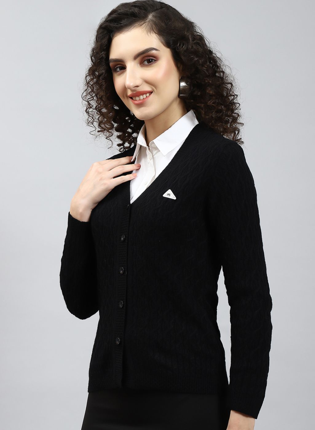 Women Black Self Design Wool blend Cardigan