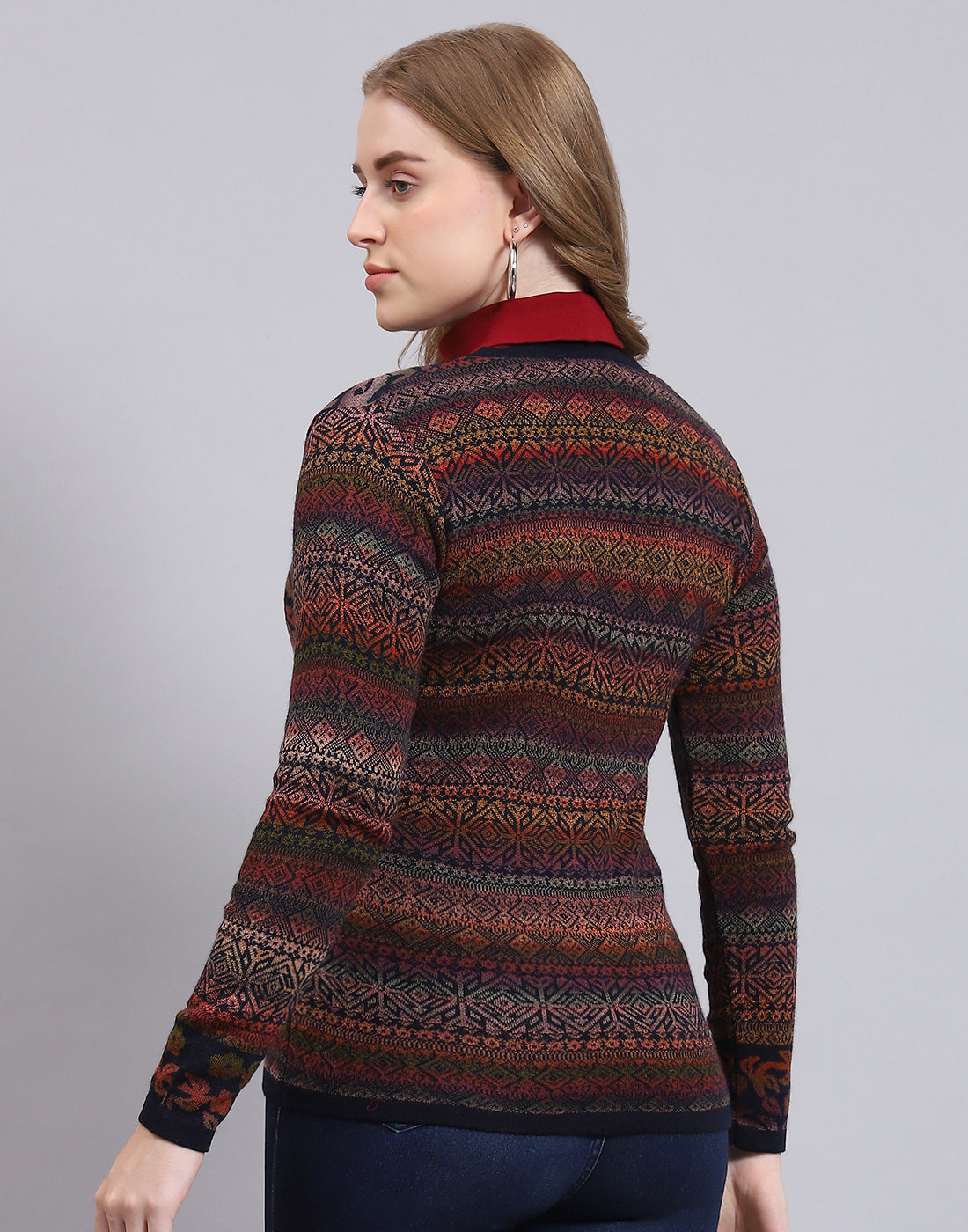 Women Navy Blue Self Design V Neck Full Sleeve Cardigan