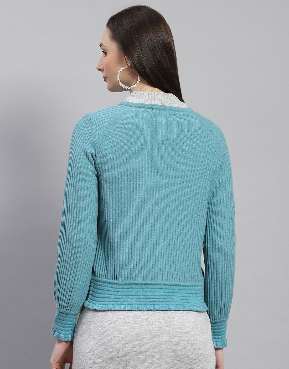 Women Blue Self Design Round Neck Full Sleeve Cardigan