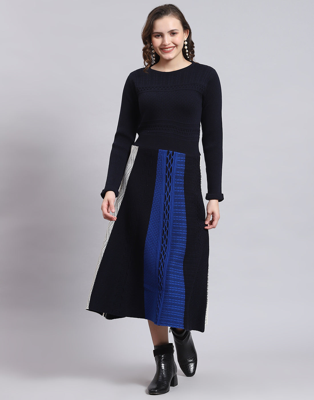 Women Navy Blue Self Design Round Neck Full Sleeve Dress
