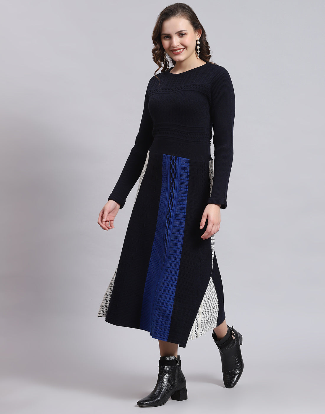 Women Navy Blue Self Design Round Neck Full Sleeve Dress