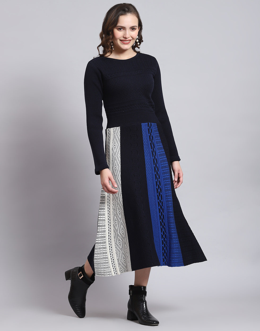 Women Navy Blue Self Design Round Neck Full Sleeve Dress