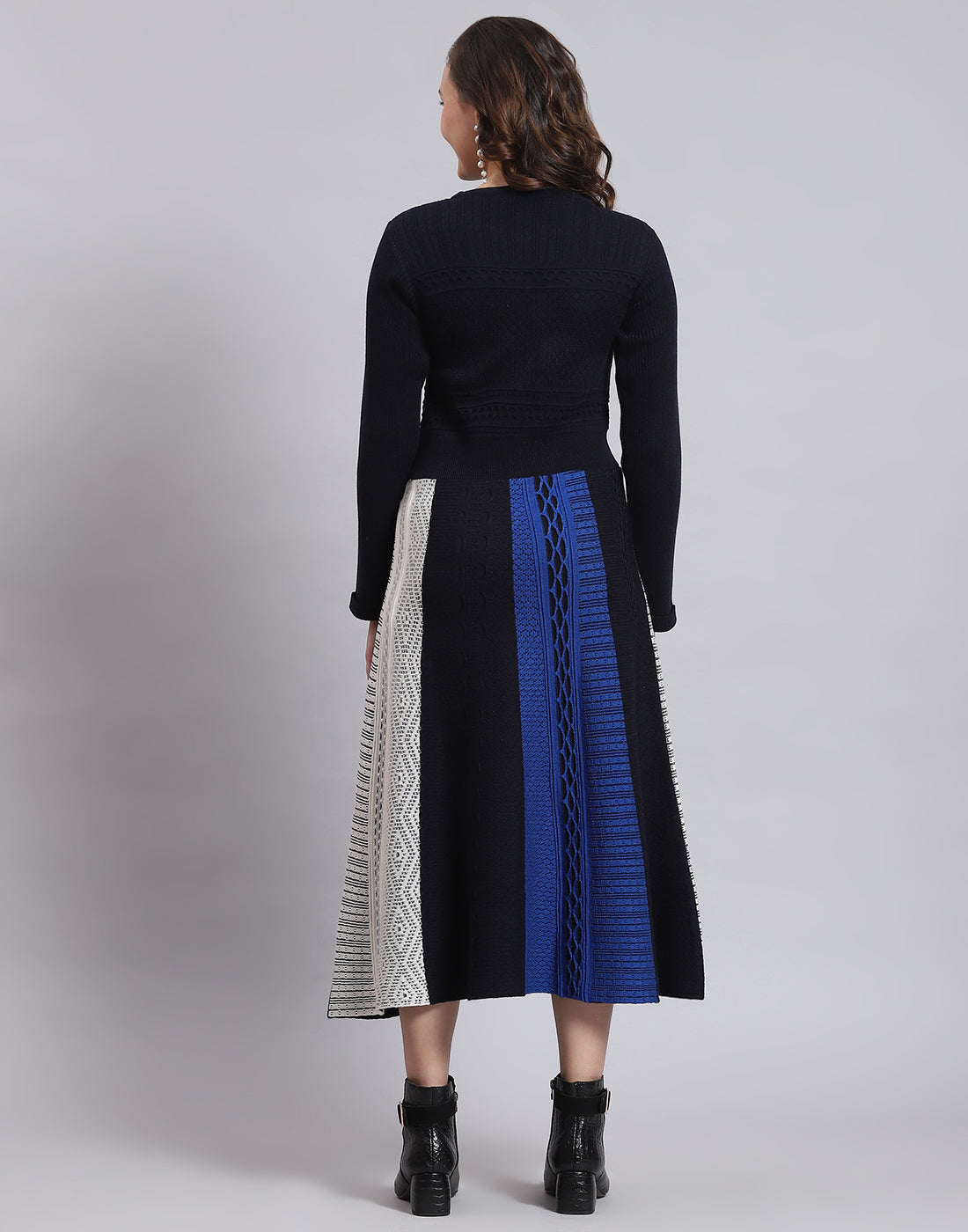 Women Navy Blue Self Design Round Neck Full Sleeve Dress