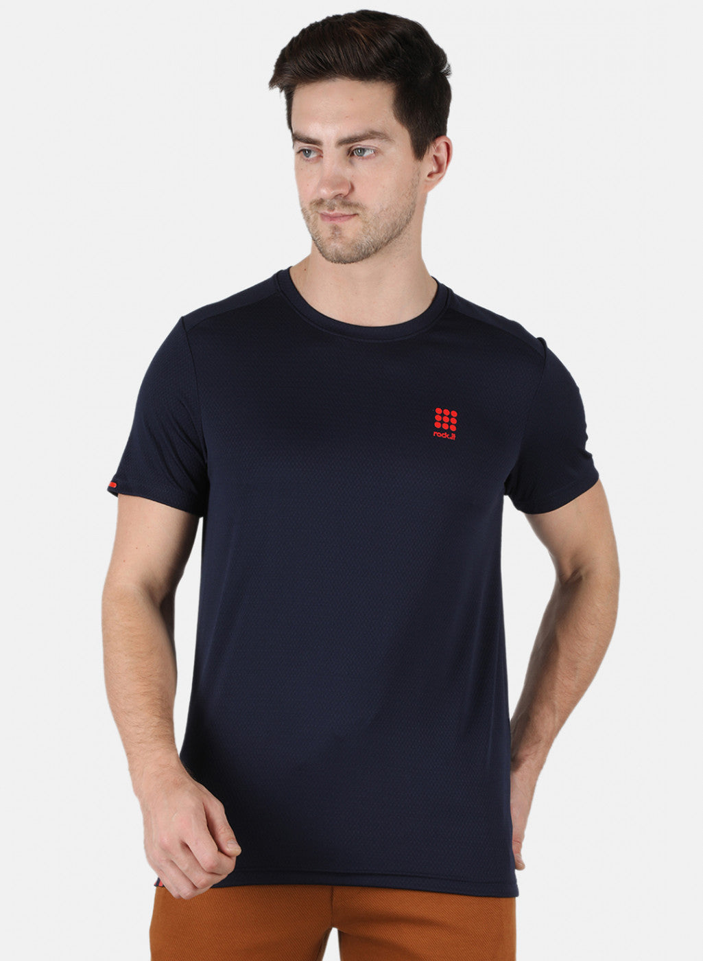 Rock.it Men Navy Blue Self Design Round Neck T-Shirt