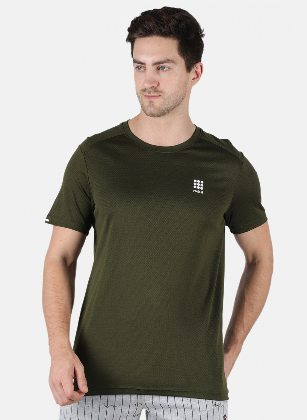 Rock.it Men Olive Self Design Round Neck T-Shirt