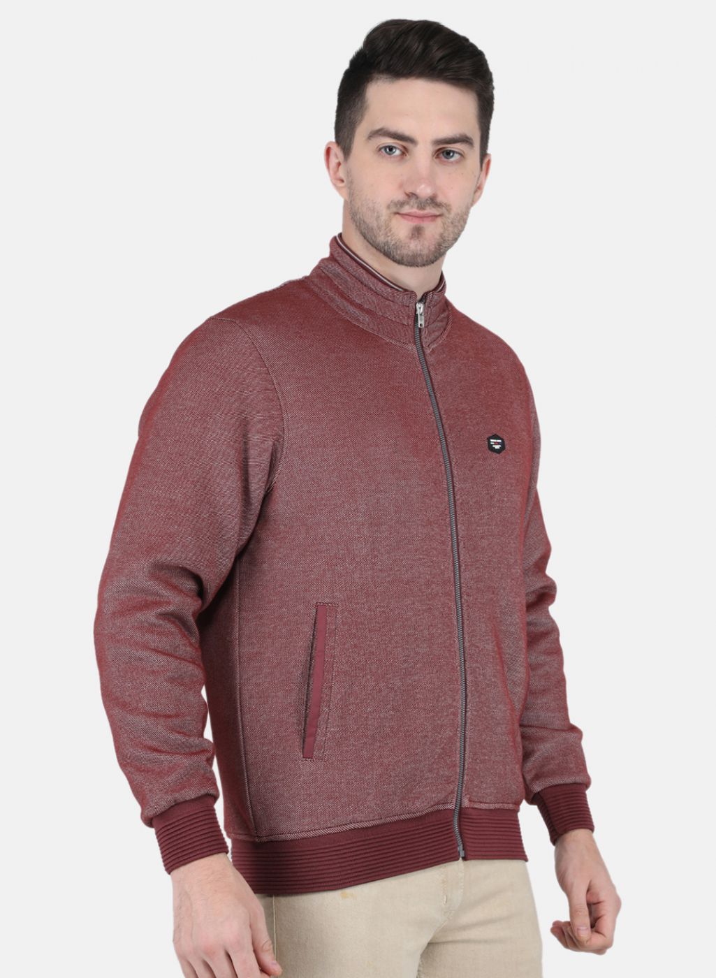 Men Maroon Jaquard Full Sleeve Collar Jacket