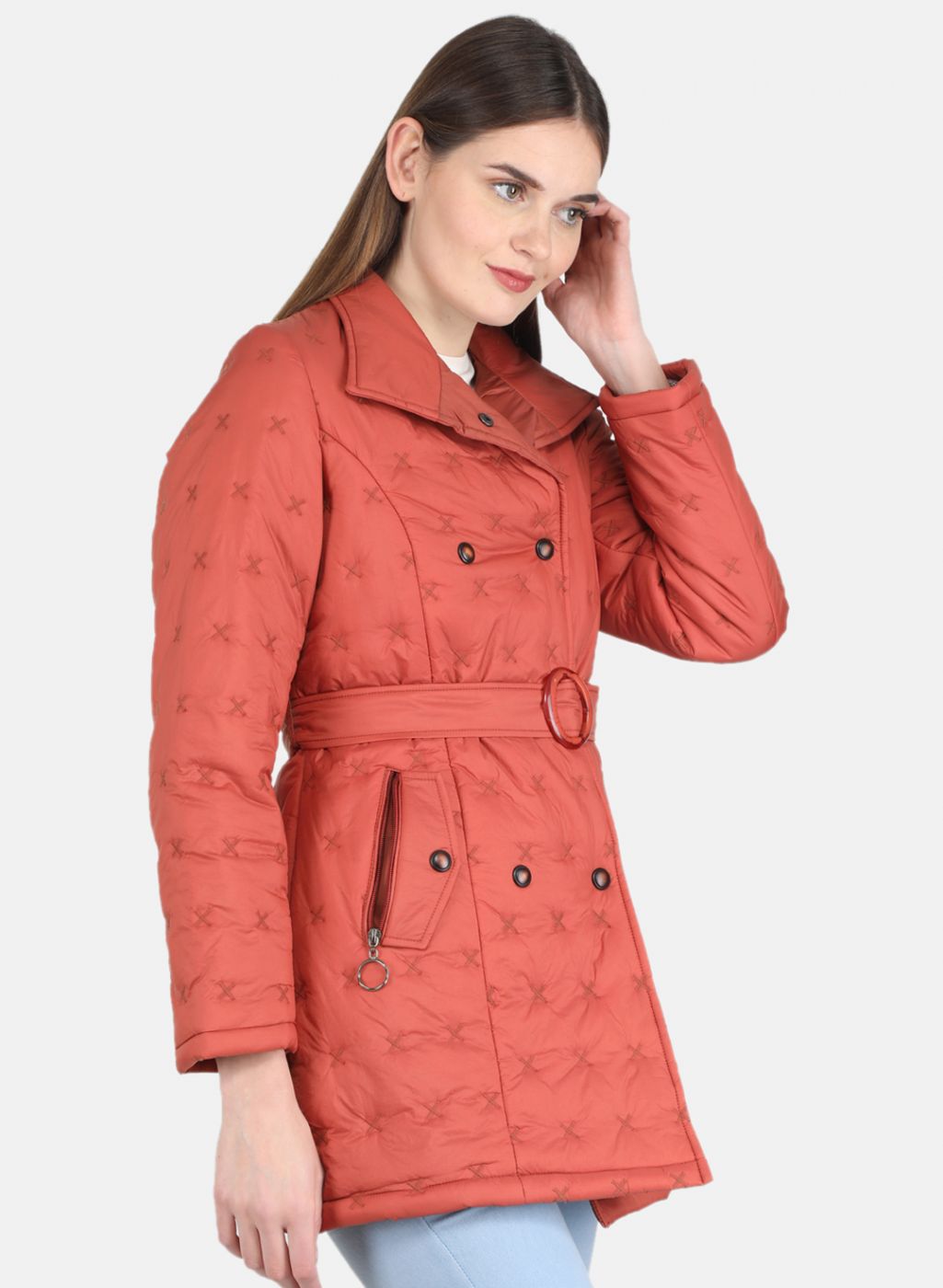 Women Rust Orange Solid Long Jacket