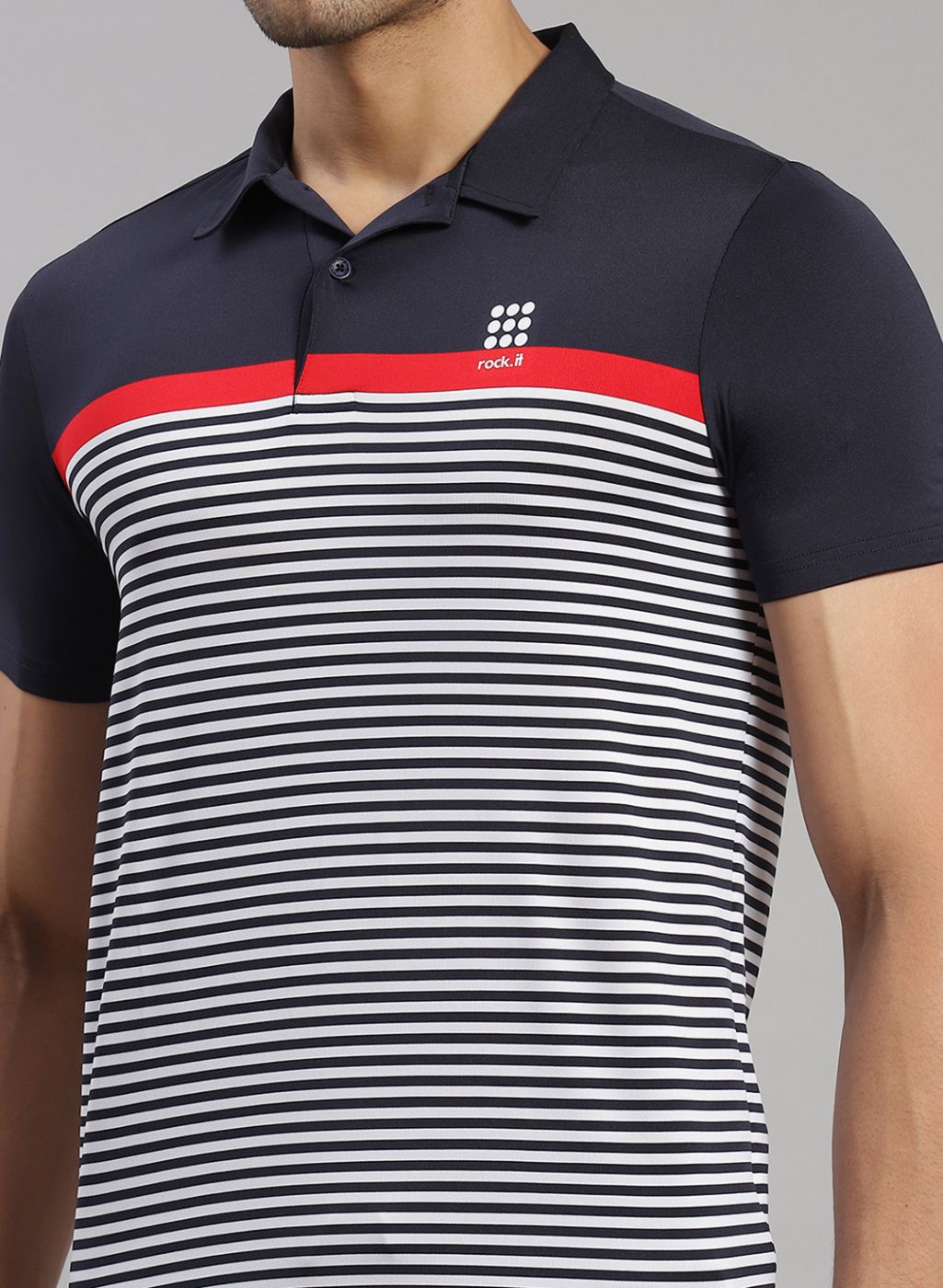 Rock.it Men Navy Blue & White Stripe T-Shirt