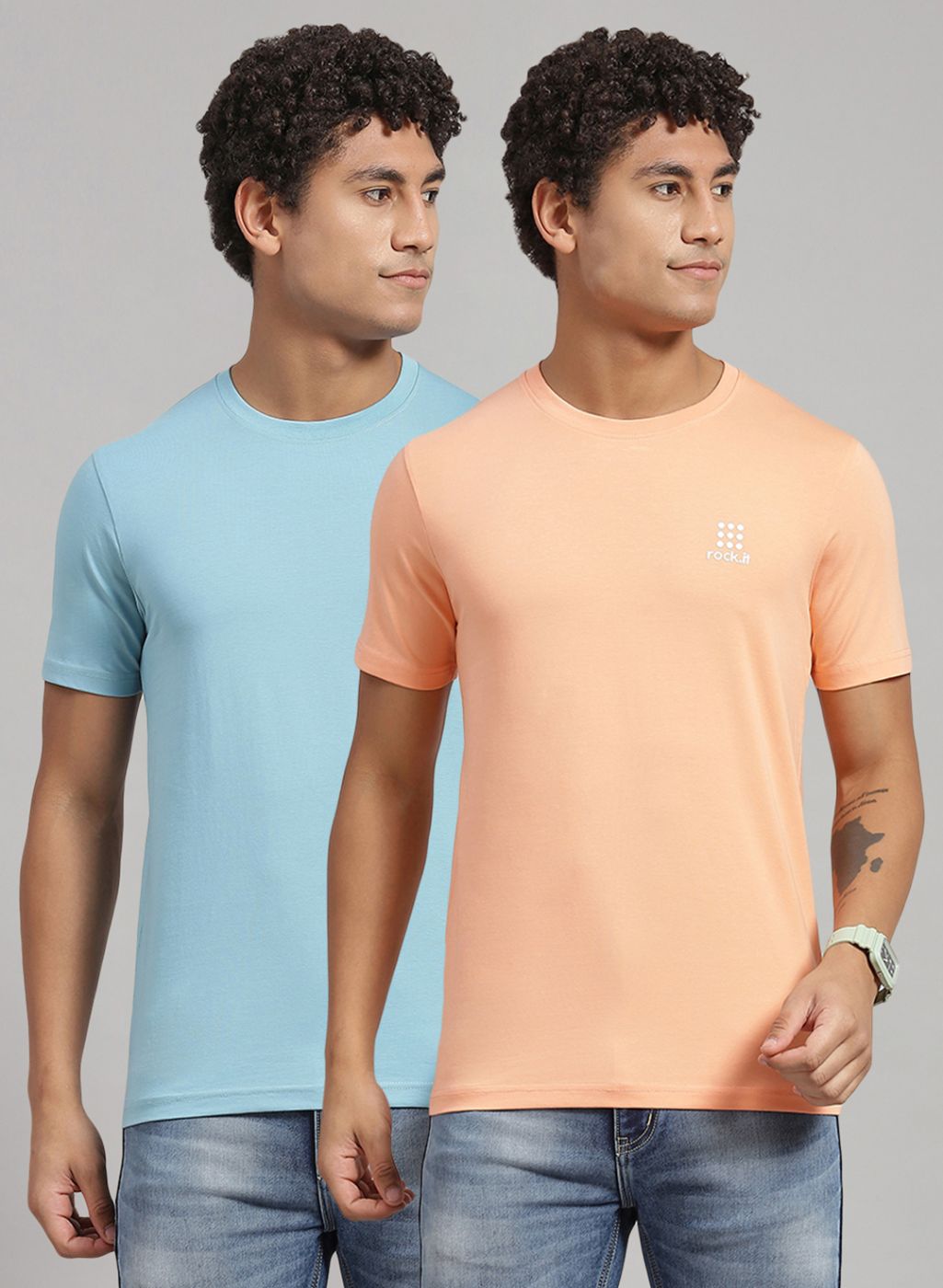 Rock.it Men Peach Solid T-Shirt 2 Pc