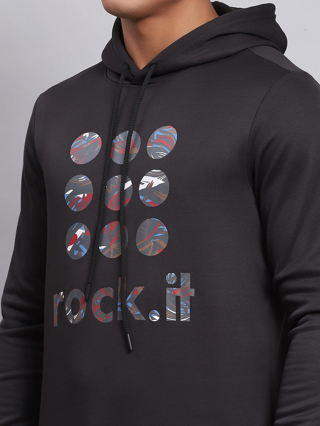 Rock.it Men Black Printed Hooded Full Sleeve Sweatshirt