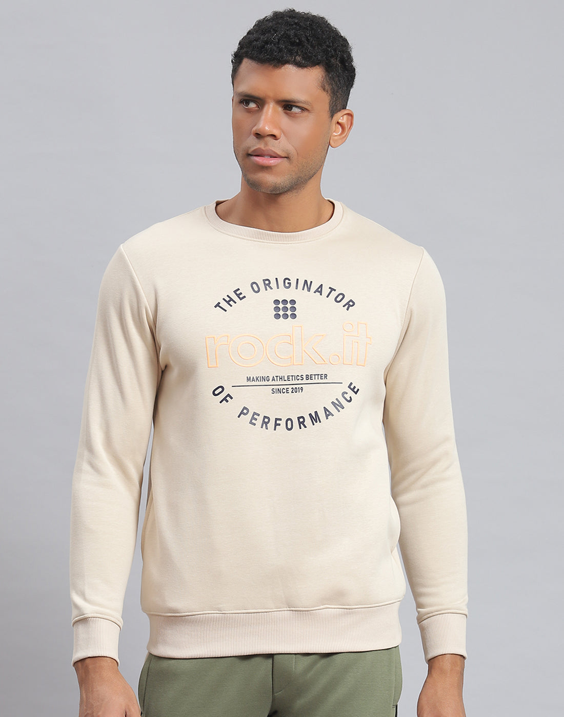 Rock.it Men Beige Solid Round Neck Full Sleeve Sweatshirt
