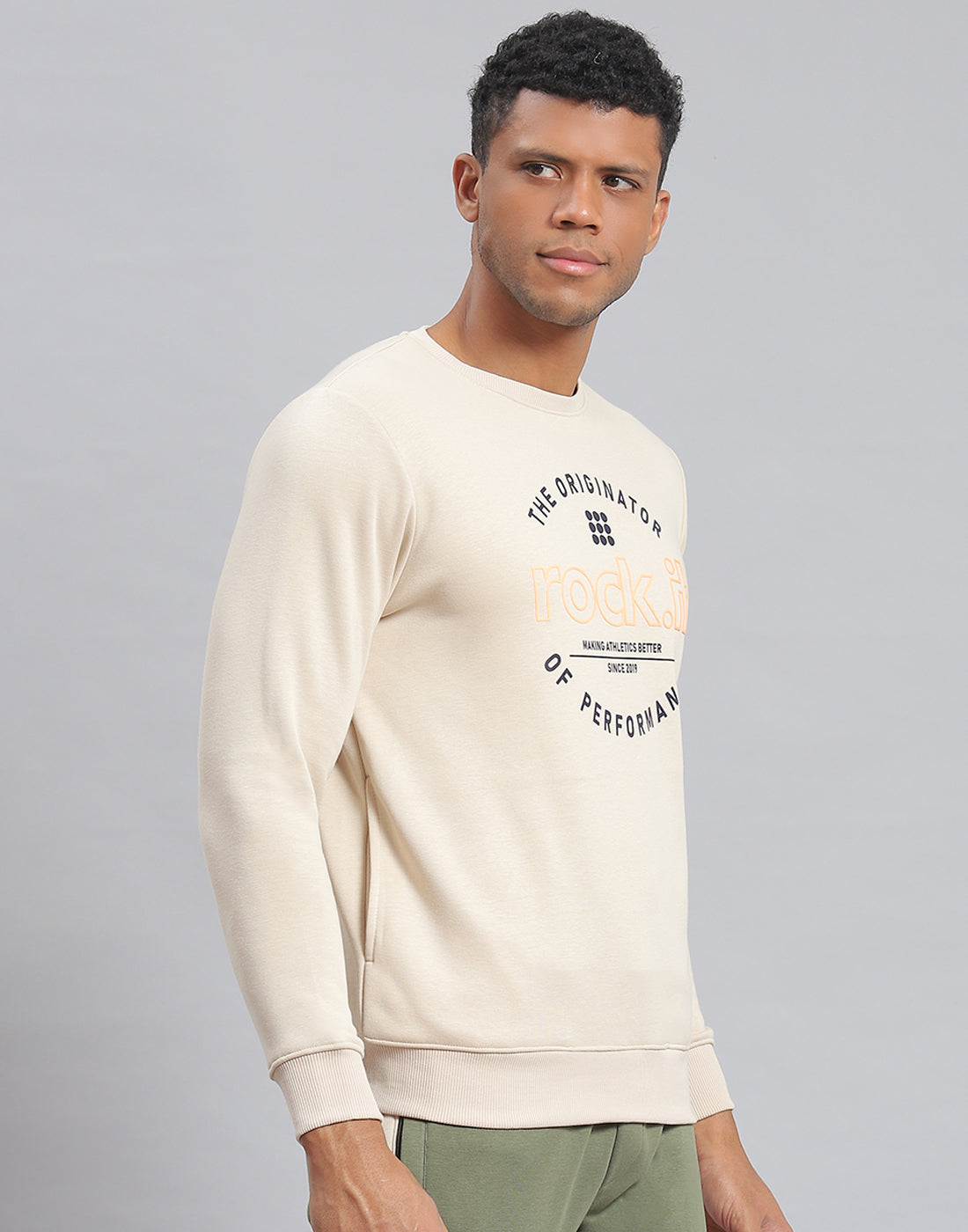 Rock.it Men Beige Solid Round Neck Full Sleeve Sweatshirt