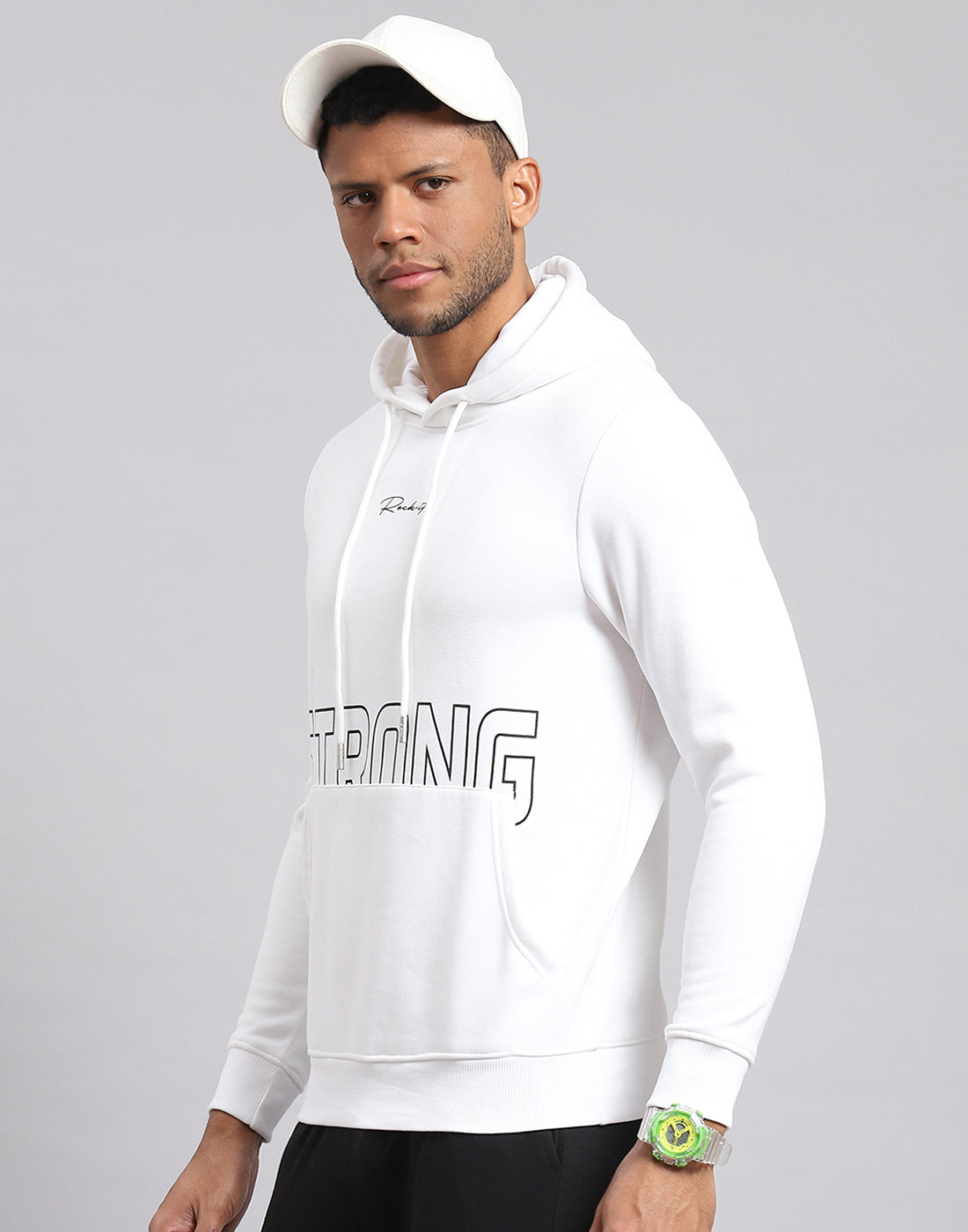 Rock.it Men White Printed Hooded Full Sleeve Sweatshirt
