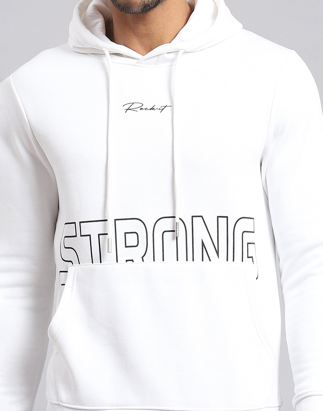 Rock.it Men White Printed Hooded Full Sleeve Sweatshirt