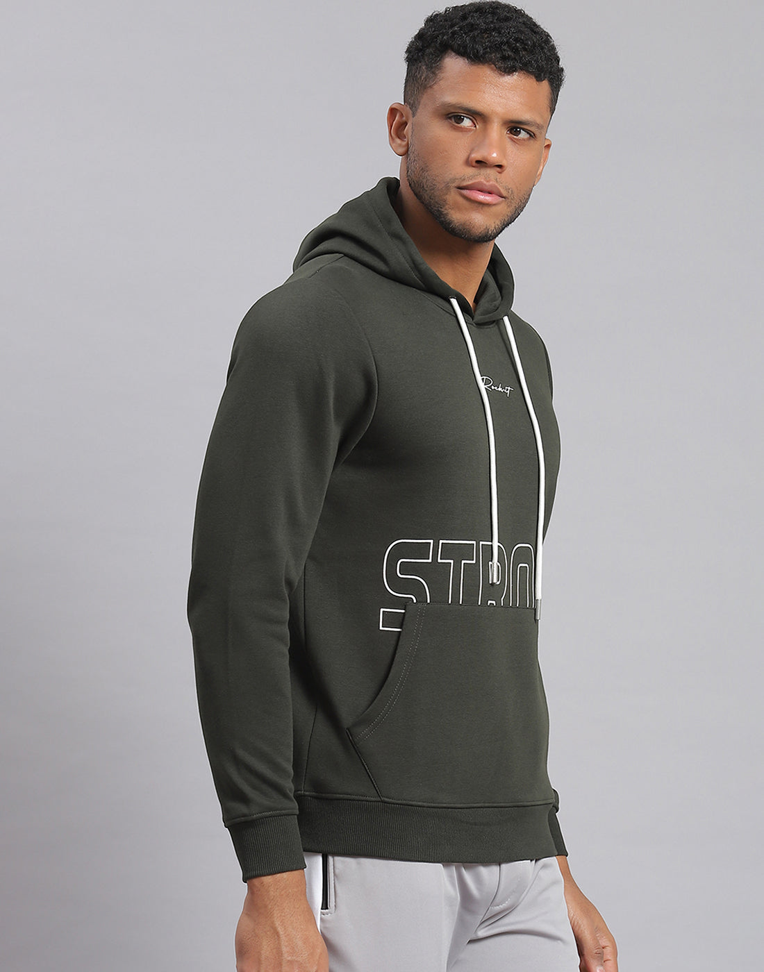 Rock.it Men Olive Printed Hooded Full Sleeve Sweatshirt