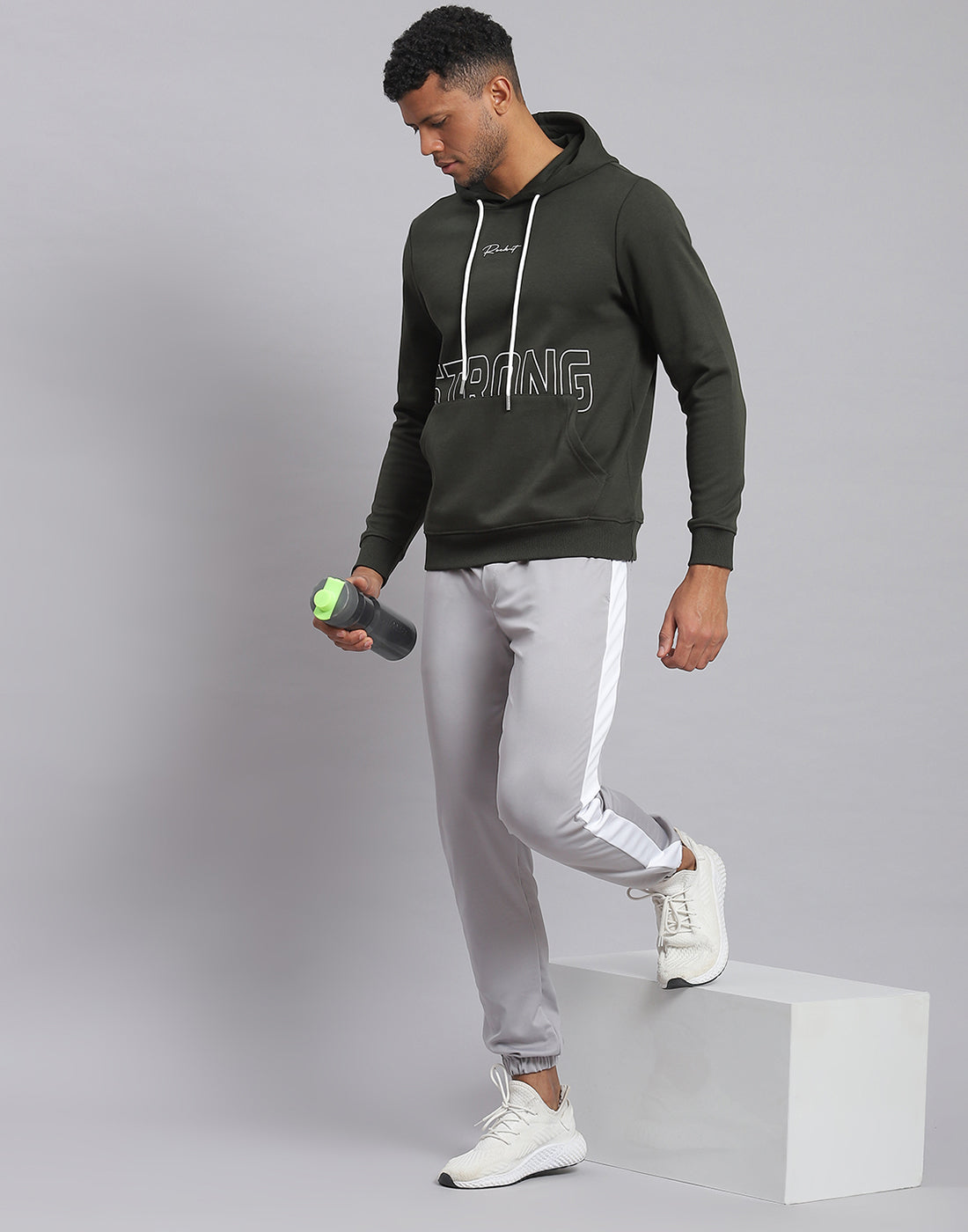 Rock.it Men Olive Printed Hooded Full Sleeve Sweatshirt