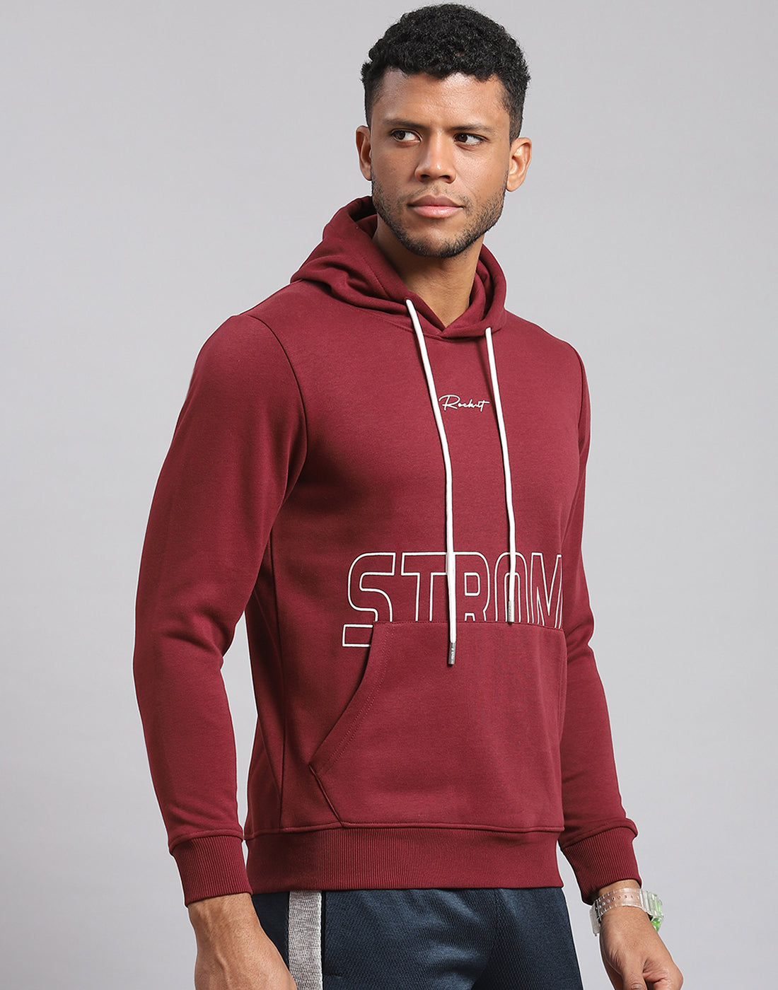 Rock.it Men Maroon Printed Hooded Full Sleeve Sweatshirt