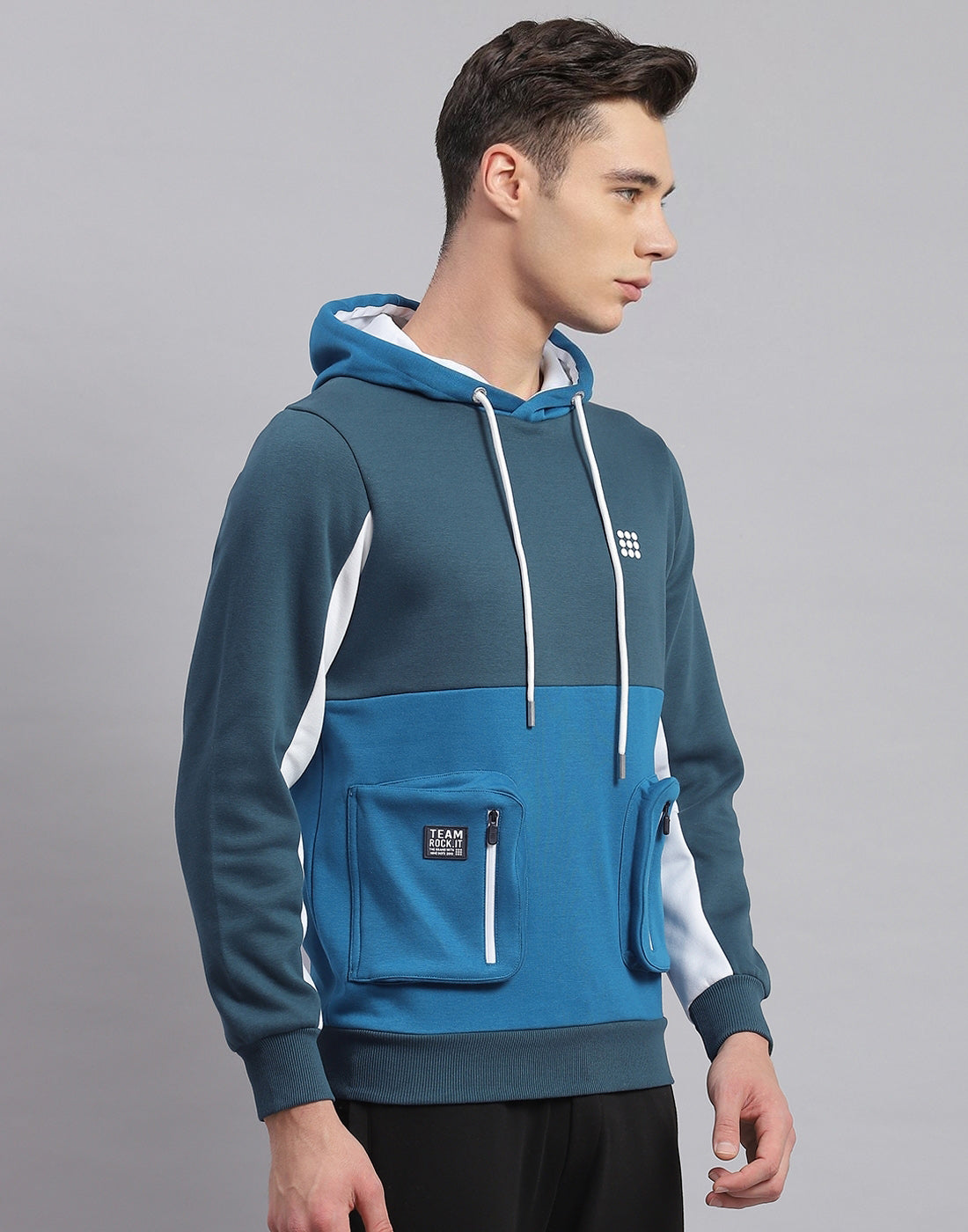 Rock.it Men Turquoise Blue Solid Hooded Full Sleeve Sweatshirt