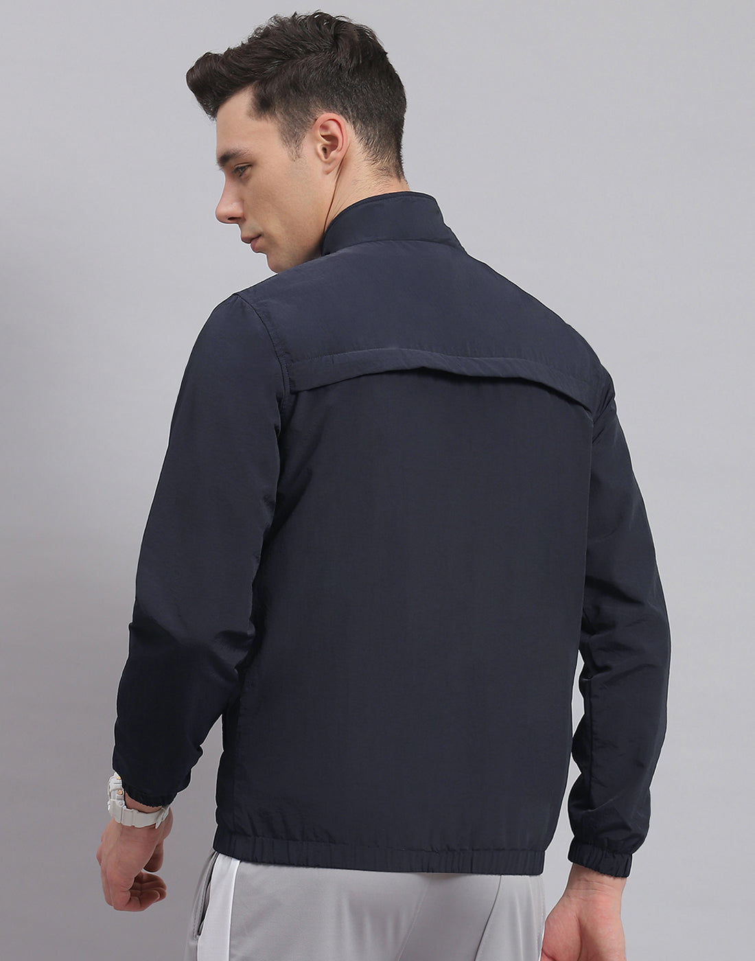 Rock.it Men Navy Blue Solid Stand Collar Full Sleeve Jacket