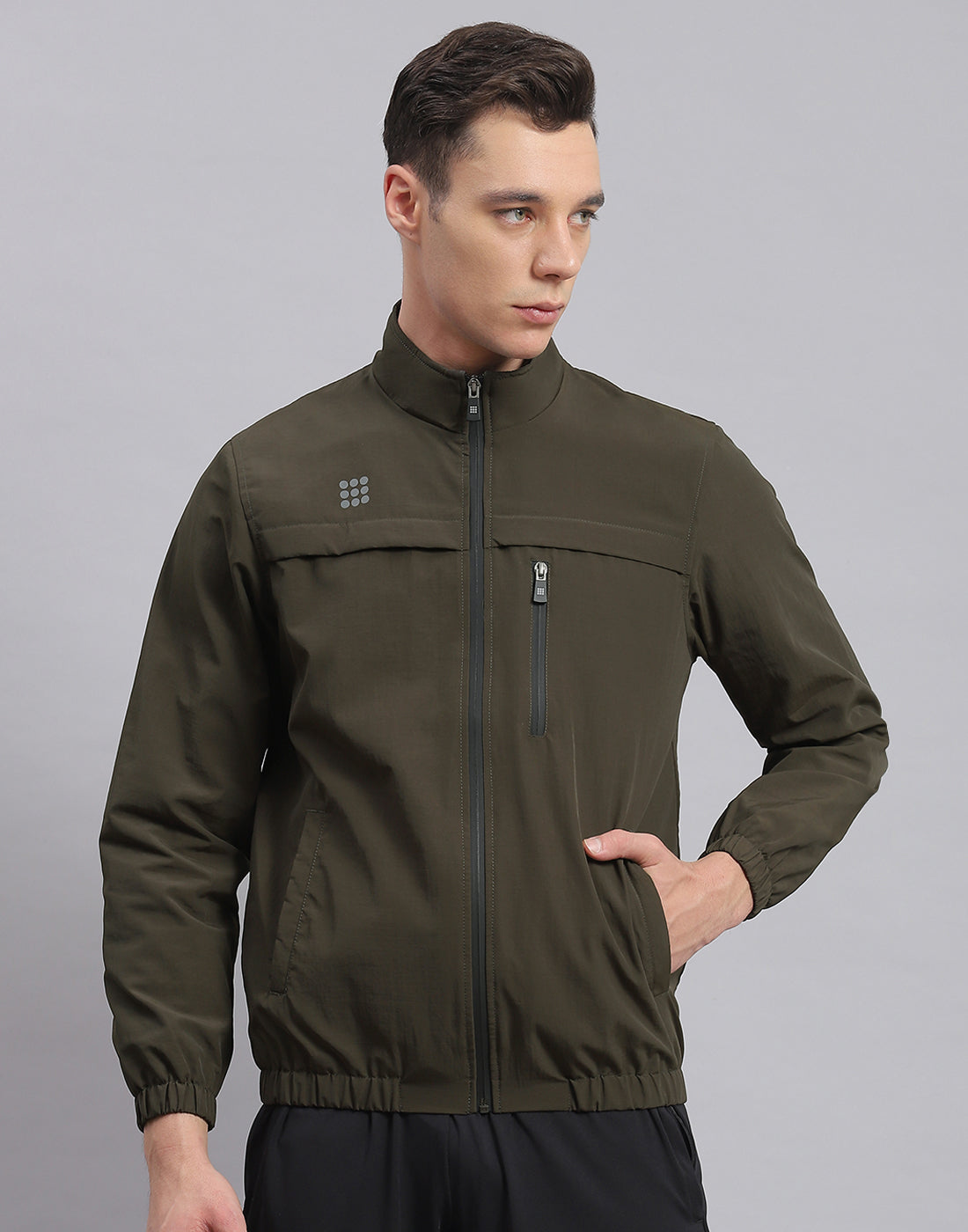 Rock.it Men Olive Solid Stand Collar Full Sleeve Jacket