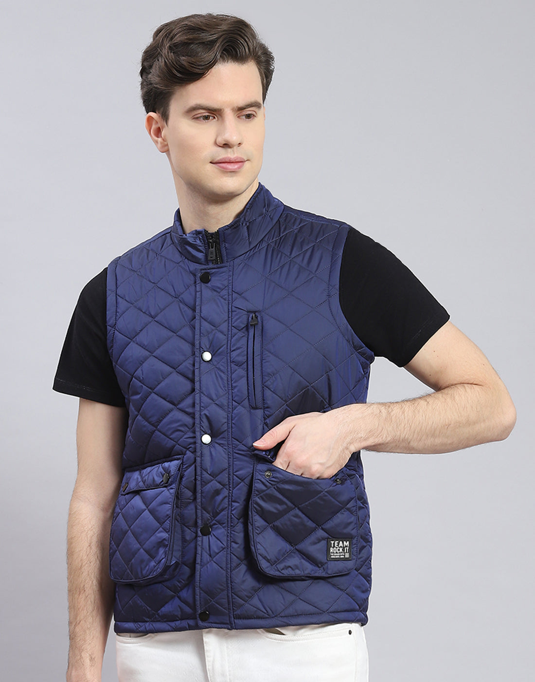 Rock.it Men Blue Solid Stand Collar Sleeveless Jacket