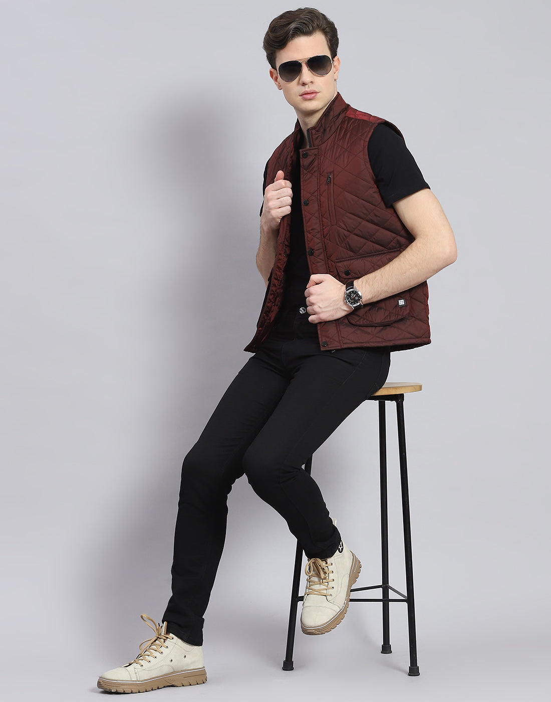 Rock.it Men Maroon Solid Stand Collar Sleeveless Jacket