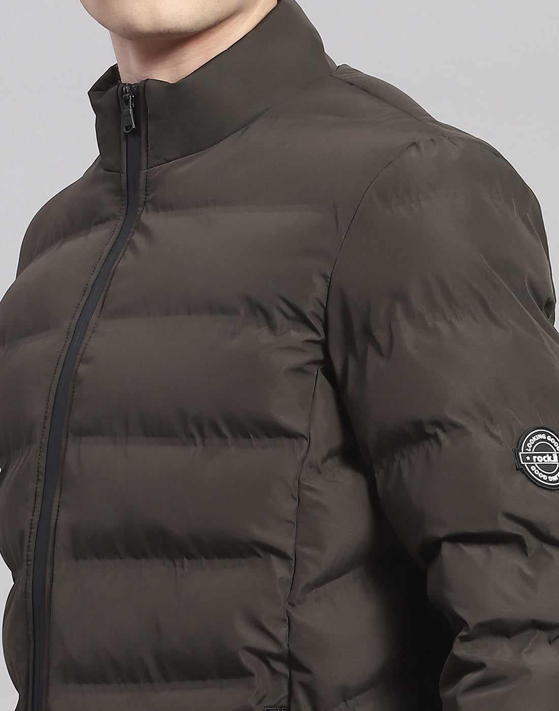 Rock.it Men Olive Solid Stand Collar Full Sleeve Jacket