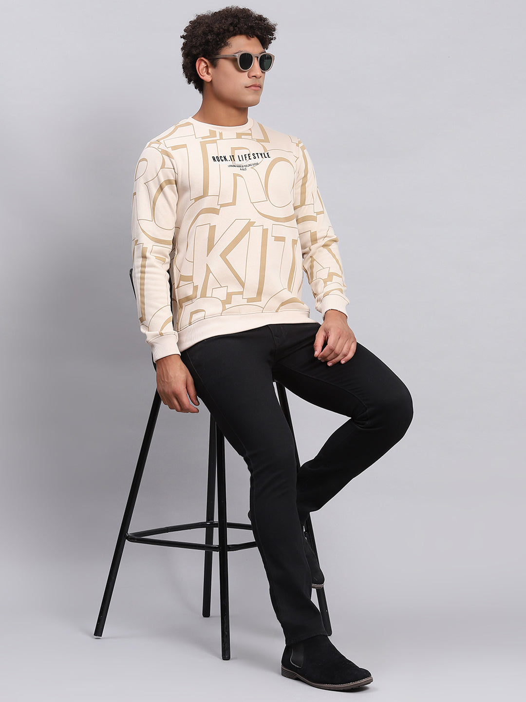 Rock.it Men Beige Printed Round Neck Full Sleeve Sweatshirt