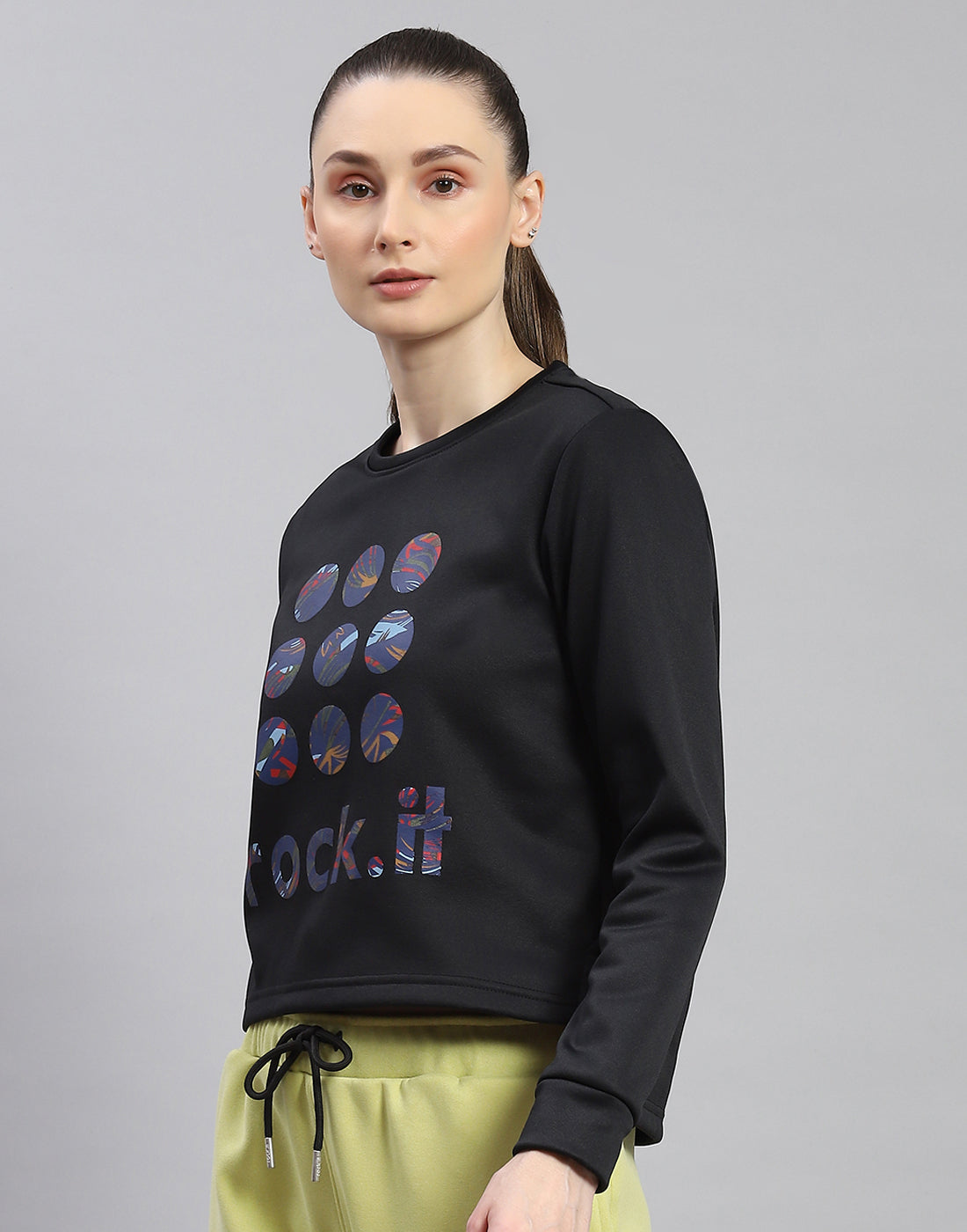 Rock.it Women Black Printed Round Neck Full Sleeve Sweatshirt