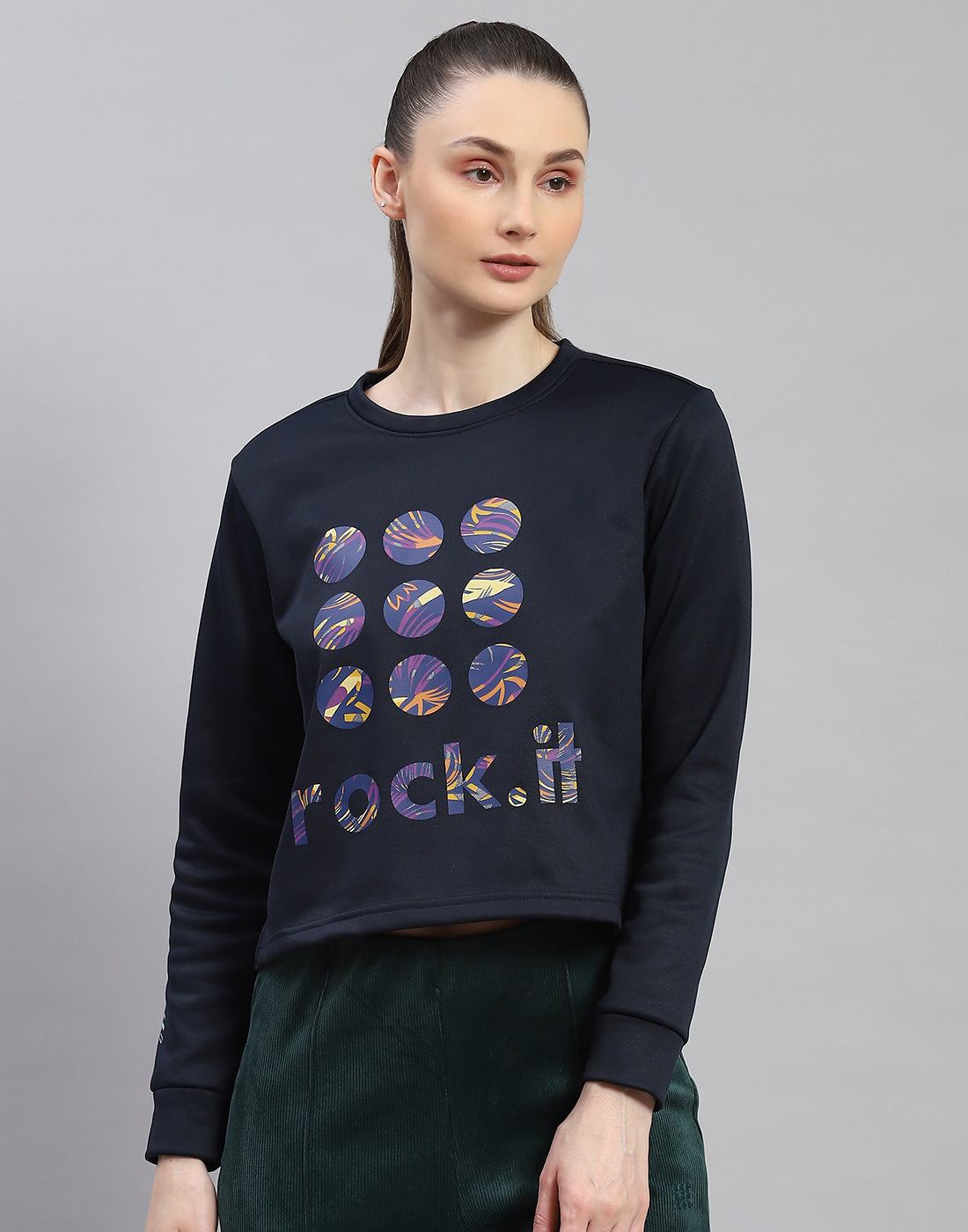 Rock.it Women Navy Blue Printed Round Neck Full Sleeve Sweatshirt
