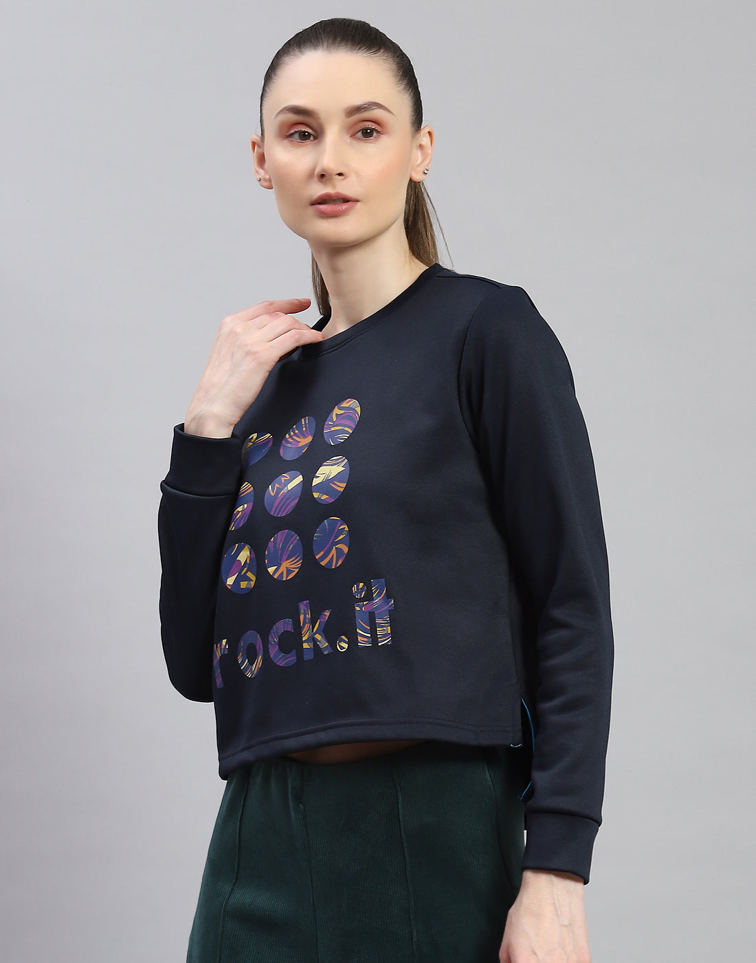 Rock.it Women Navy Blue Printed Round Neck Full Sleeve Sweatshirt