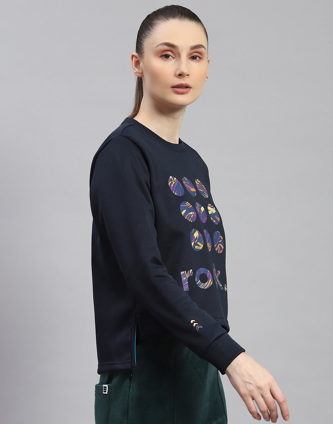 Rock.it Women Navy Blue Printed Round Neck Full Sleeve Sweatshirt
