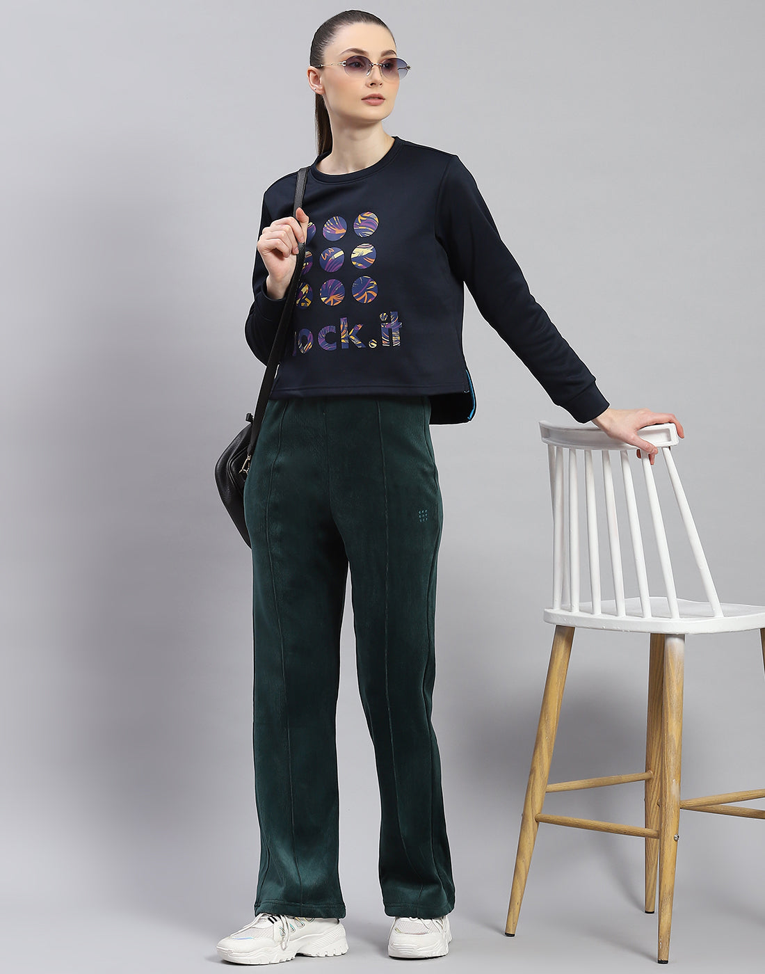 Rock.it Women Navy Blue Printed Round Neck Full Sleeve Sweatshirt