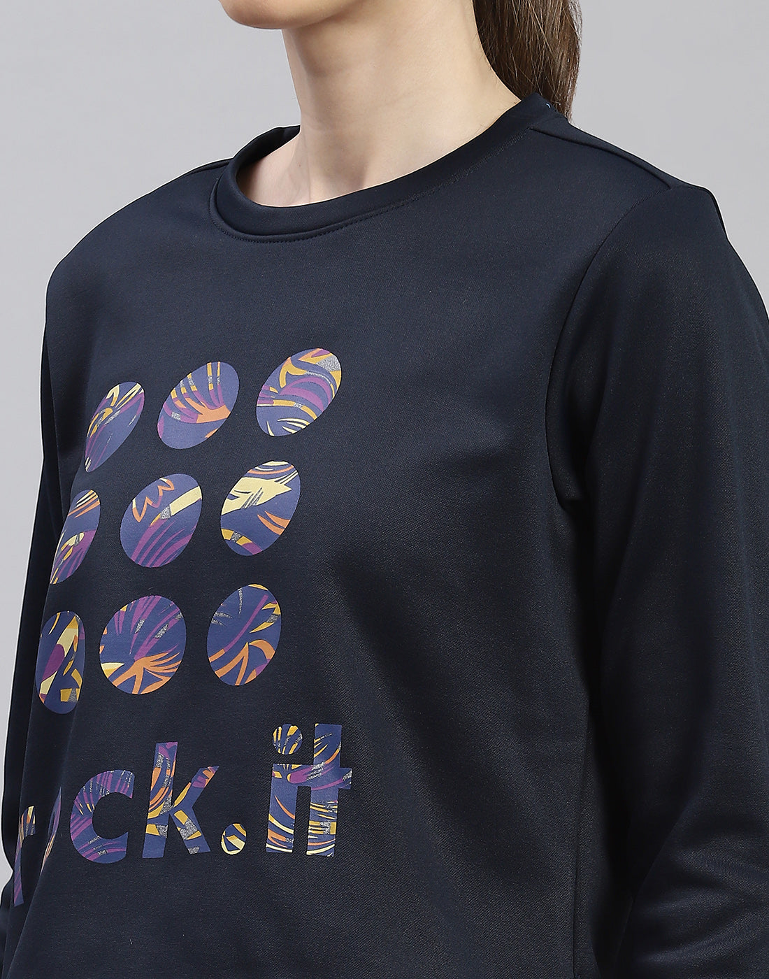 Rock.it Women Navy Blue Printed Round Neck Full Sleeve Sweatshirt