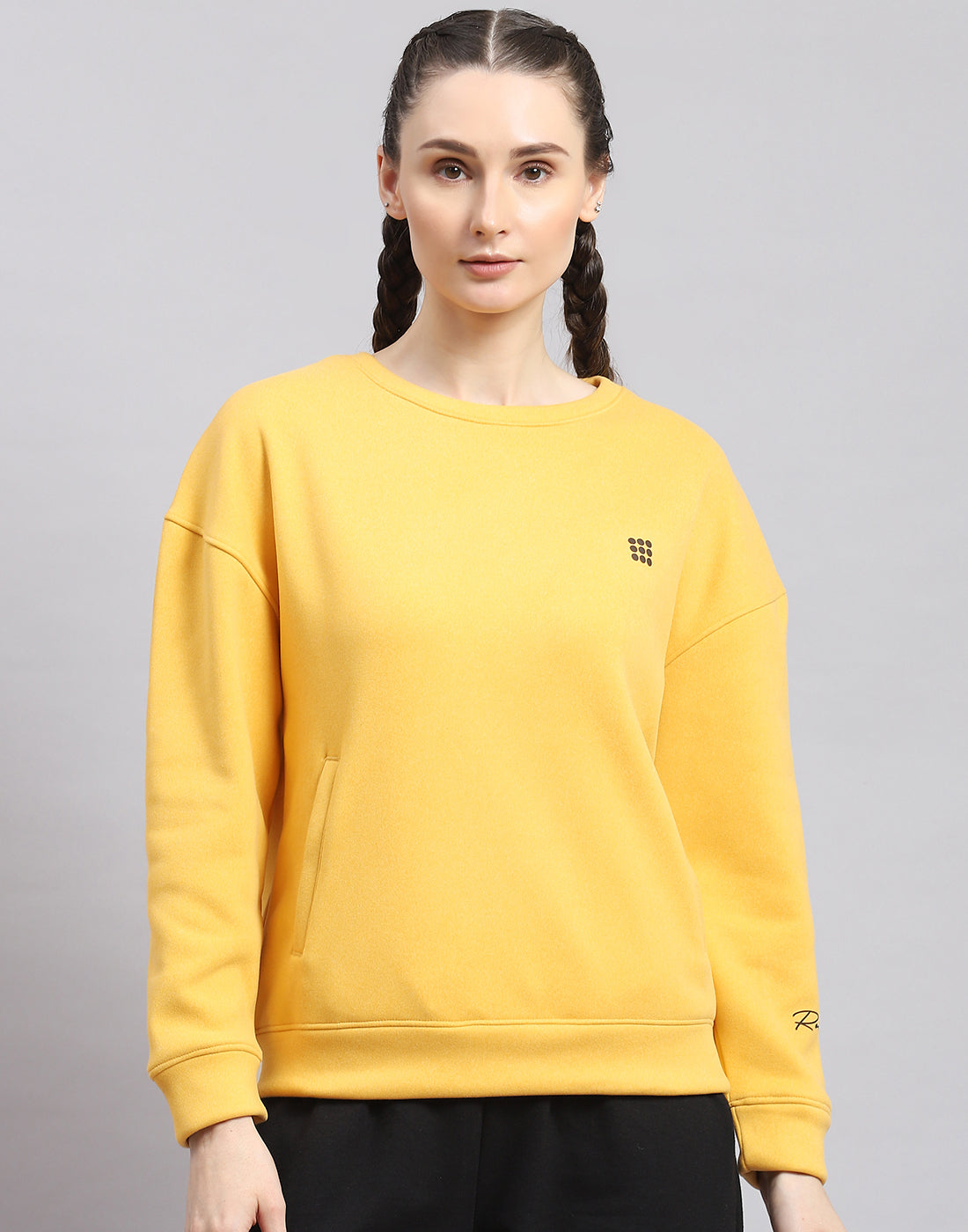 Rock.it Women Yellow Solid Round Neck Full Sleeve Sweatshirt
