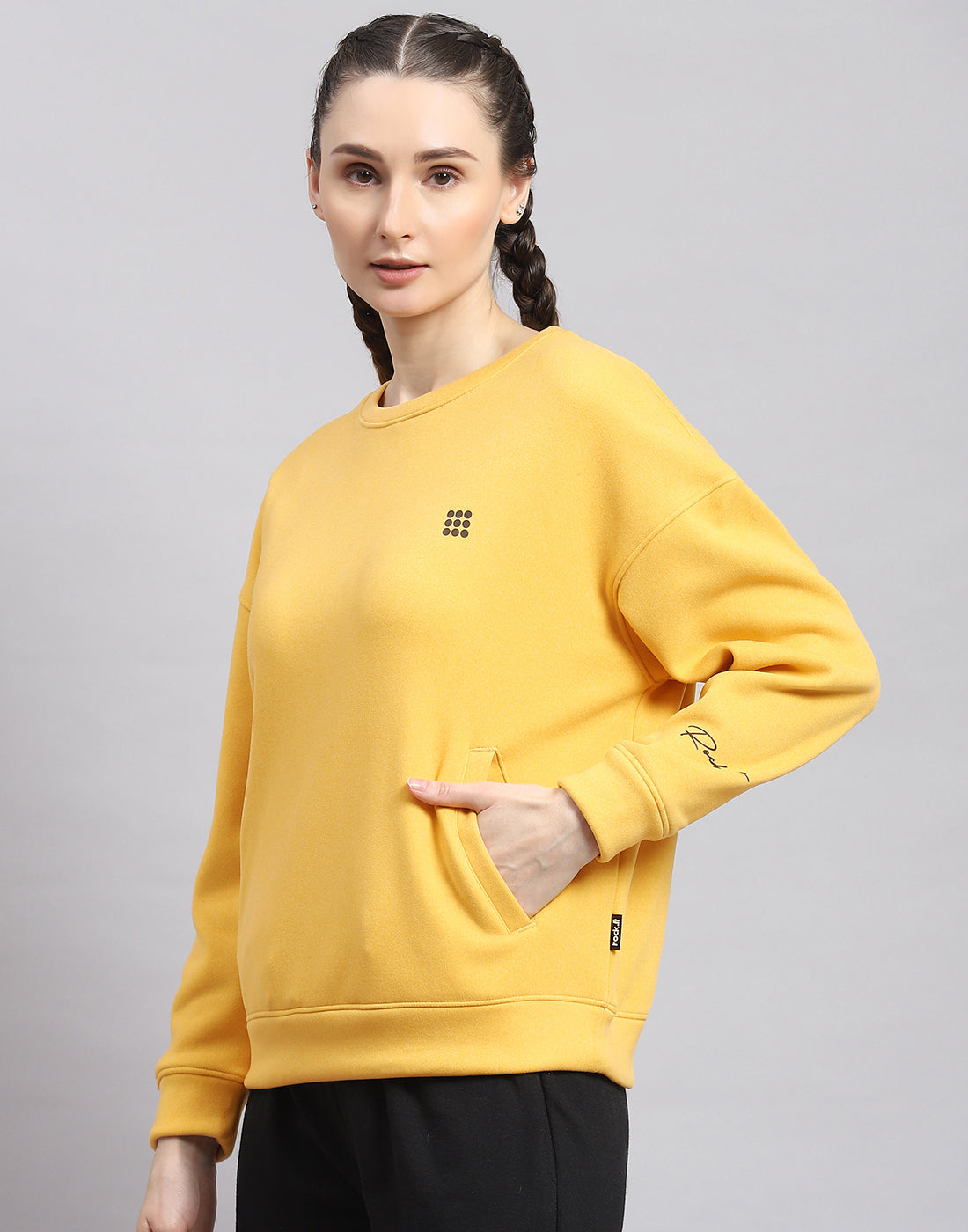 Rock.it Women Yellow Solid Round Neck Full Sleeve Sweatshirt