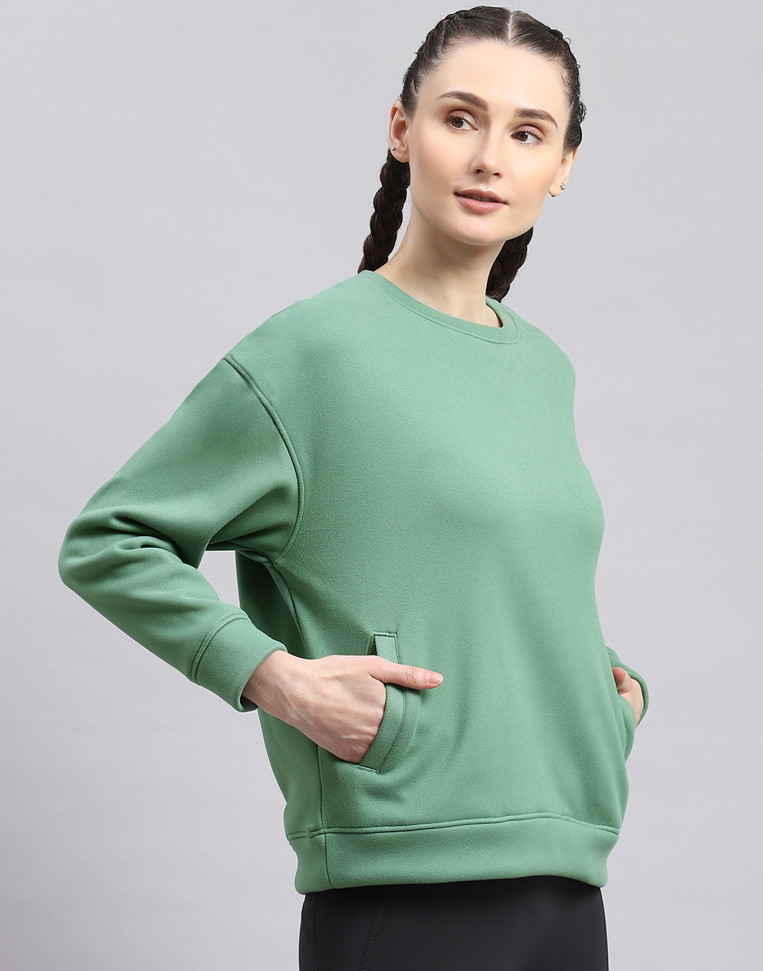 Rock.it Women Green Solid Round Neck Full Sleeve Sweatshirt