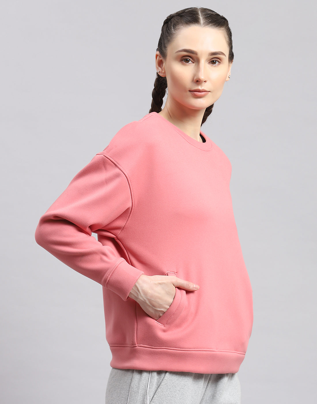 Rock.it Women Pink Solid Round Neck Full Sleeve Sweatshirt