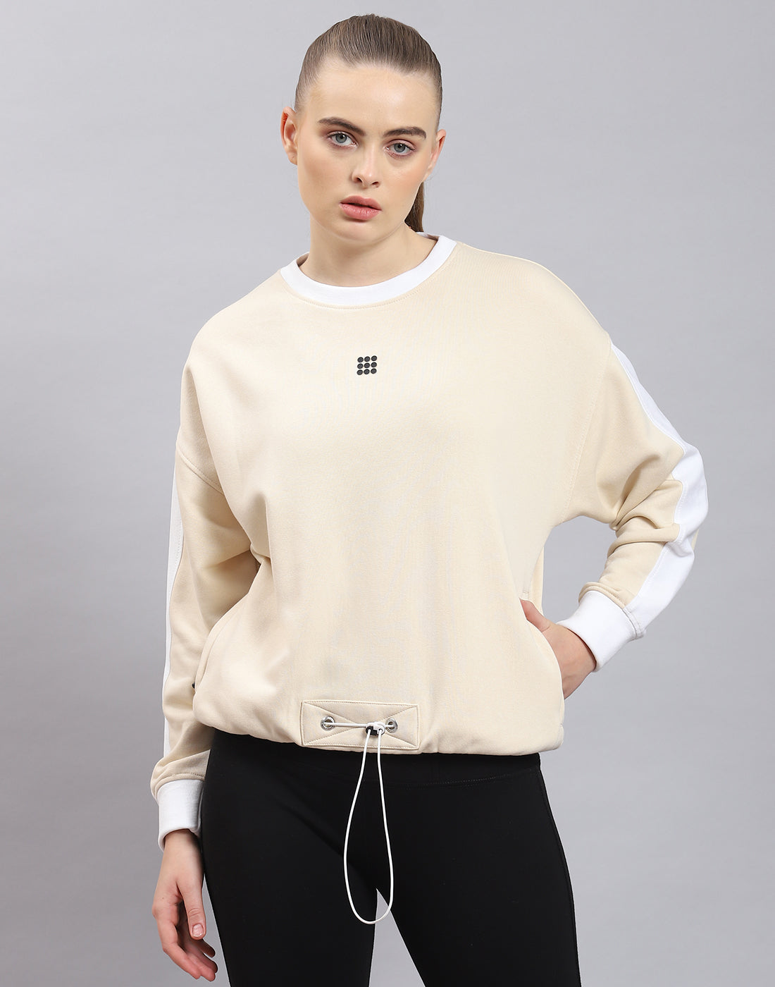 Rock.it Women Beige Solid Round Neck Full Sleeve Sweatshirt