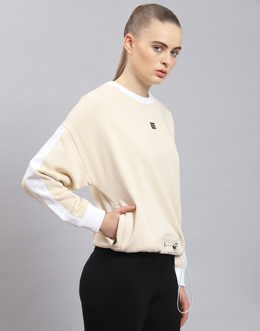Rock.it Women Beige Solid Round Neck Full Sleeve Sweatshirt
