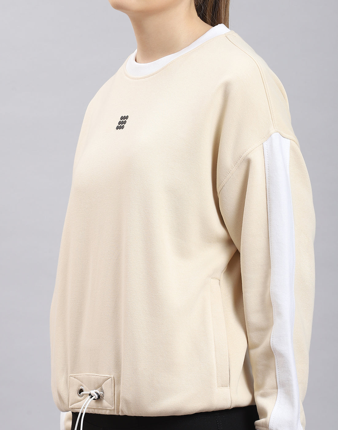 Rock.it Women Beige Solid Round Neck Full Sleeve Sweatshirt