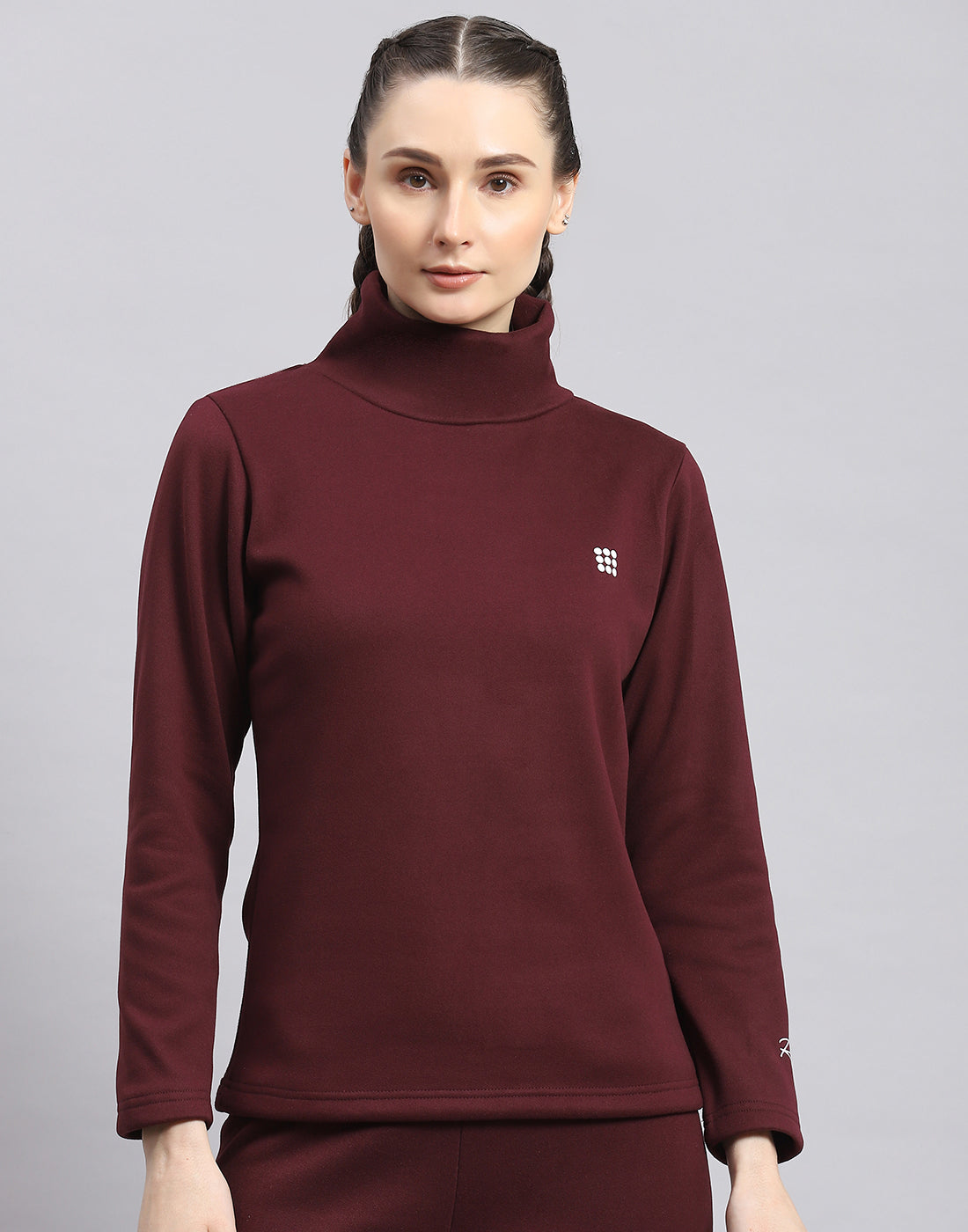 Rock.it Women Maroon Solid T Neck Full Sleeve Sweatshirt