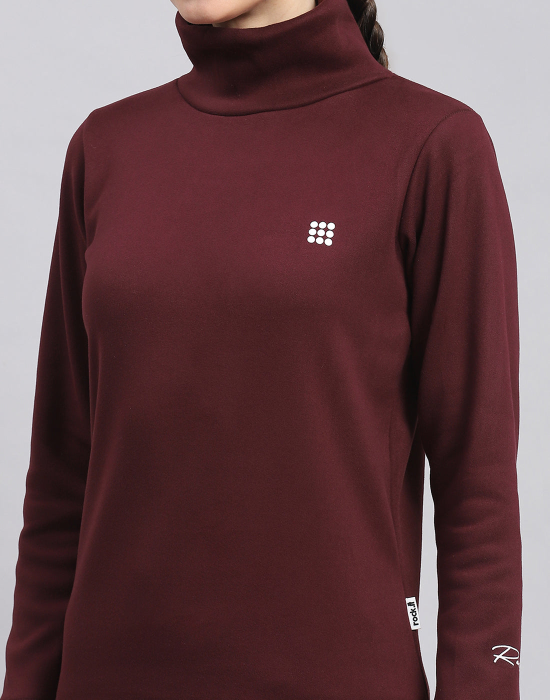 Rock.it Women Maroon Solid T Neck Full Sleeve Sweatshirt