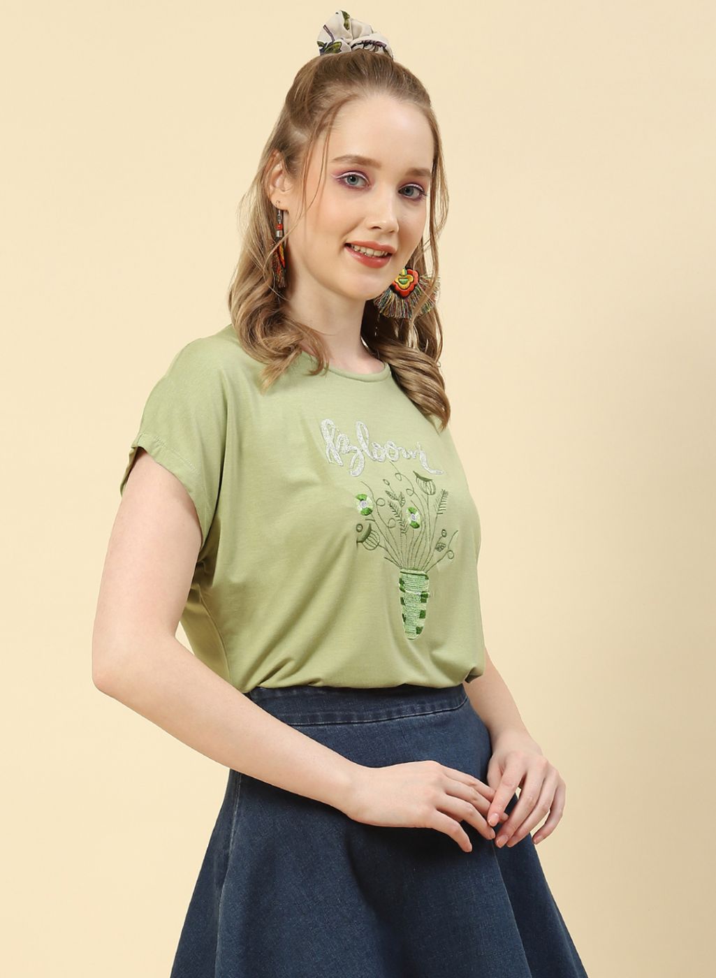 Women Green Embroidered Top